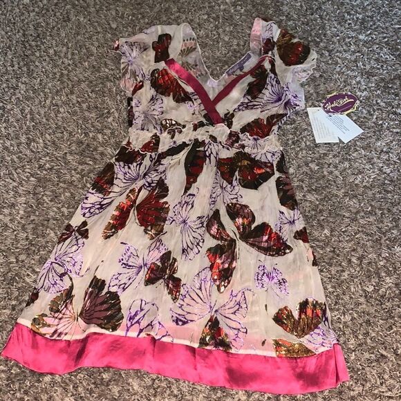 NWT Hale Bob pink butterfly-patterned long blouse, size S. - Picture 2 of 10